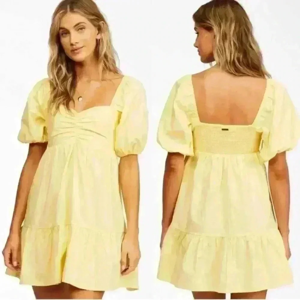 BILLABONG womens S Mini DRESS Yellow BE MINE Short PUFF Sleeve BABYDOLL Cotton - Picture 2 of 14
